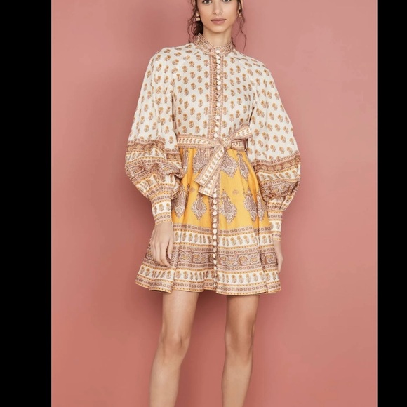 Zimmermann Dresses & Skirts - Zimmermann Yellow and Cream Long Sleeve Dress 100% linen